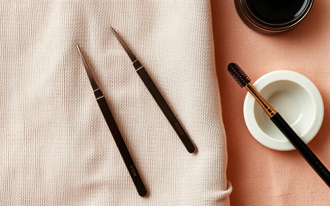 Selection of precision stainless steel tweezers on warm linen