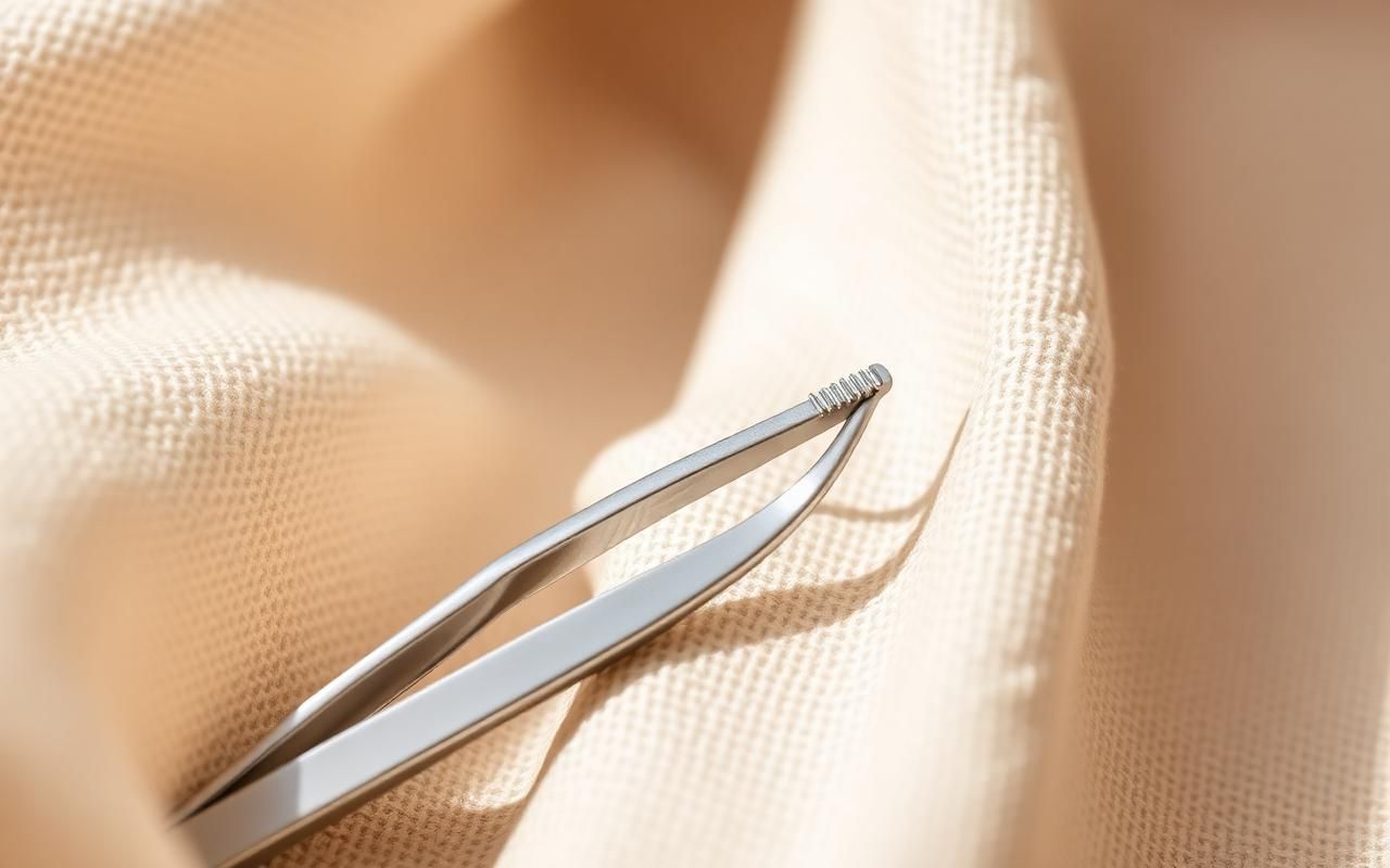 Precision stainless steel tweezer resting on neutral cream linen fabric