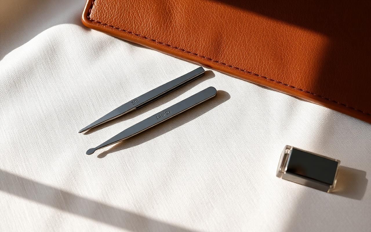 Flat lay of a professional brow grooming tweezer set in a leather roll case on cream linen