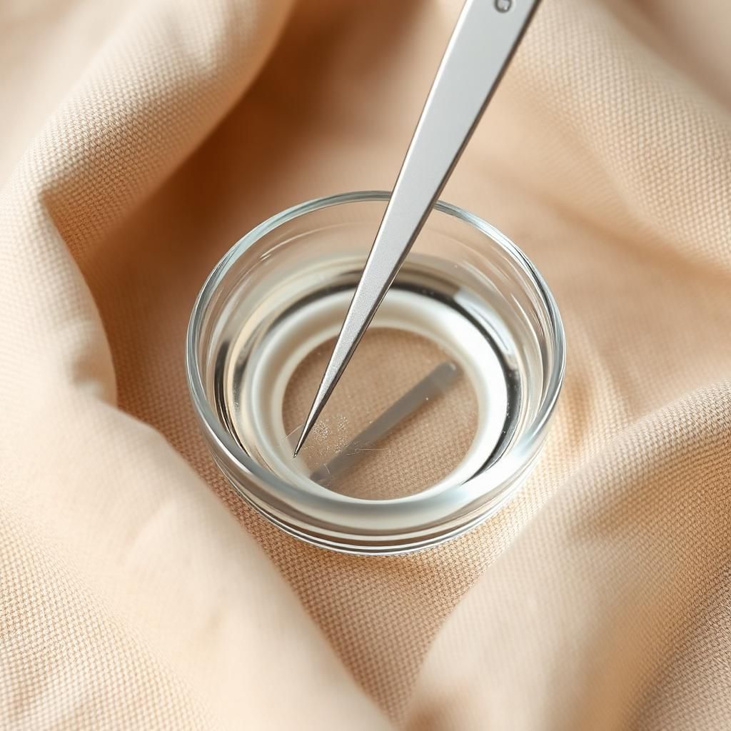 Precision tweezer being sterilised in a small glass dish of isopropyl alcohol on warm linen