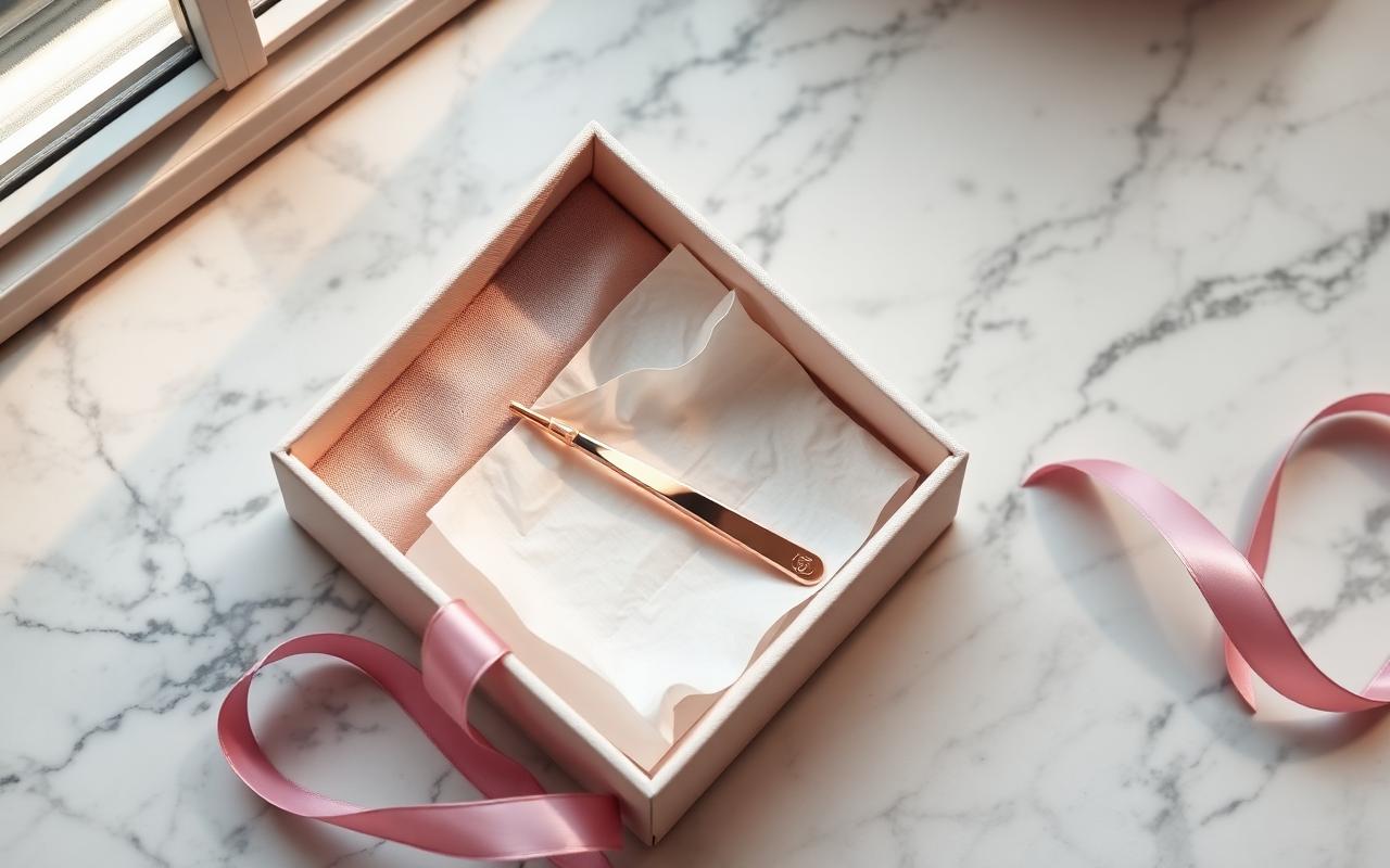 Open gift box revealing a rose gold tweezer on linen tissue with a pink ribbon