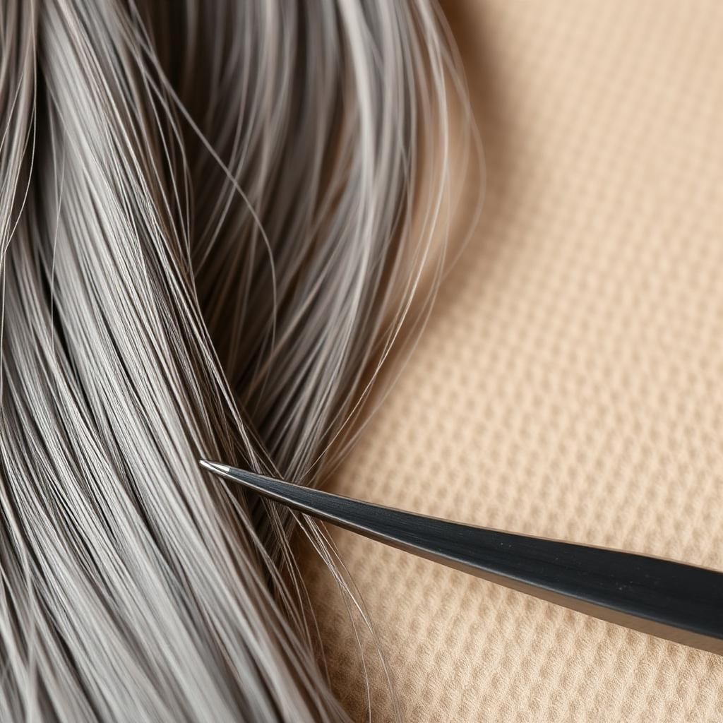 Precision stainless steel tweezer beside strands of silvery grey hair on warm linen