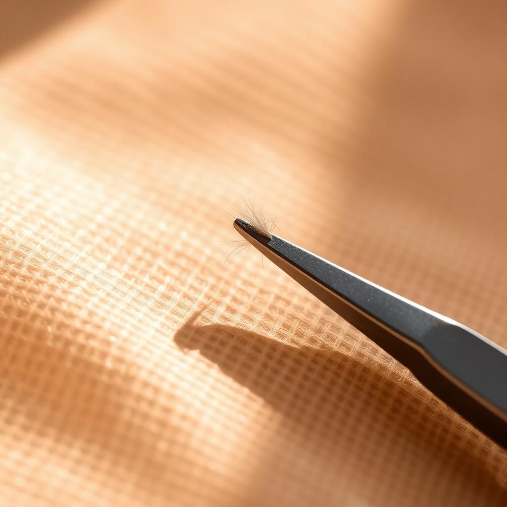 Editorial macro of a single plucked eyebrow hair beside a stainless steel tweezer on warm linen