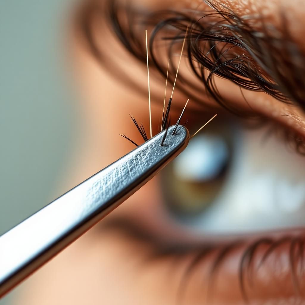 Extreme macro of a stainless steel slant tweezer gripping a single eyebrow hair at the follicle