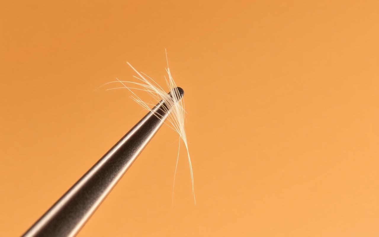 Precision needle-point tweezer lifting an ingrown hair on smooth skin