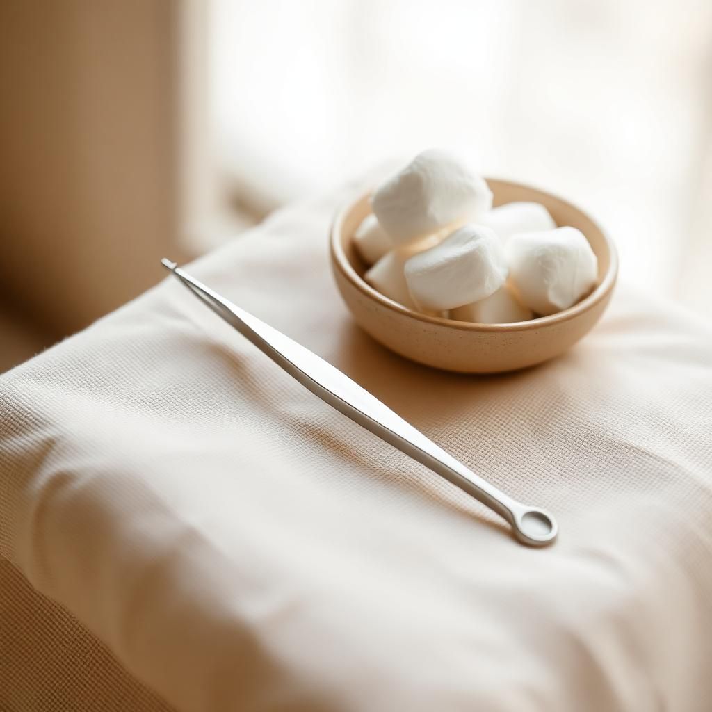 Precision stainless steel tweezer beside a bowl of cotton pads on warm linen — painless brow tweezing setup