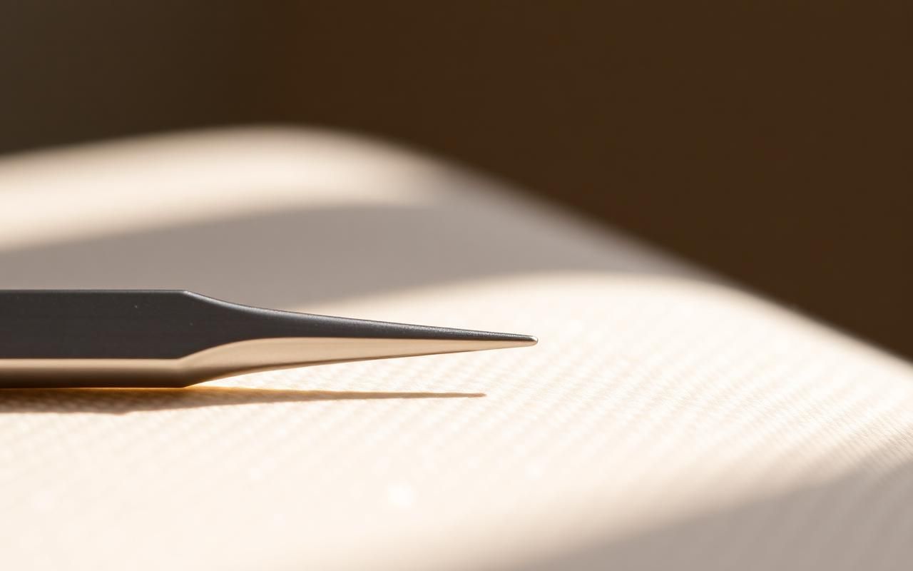 Needle-fine precision point tweezer on cream linen background — surgical grade stainless steel