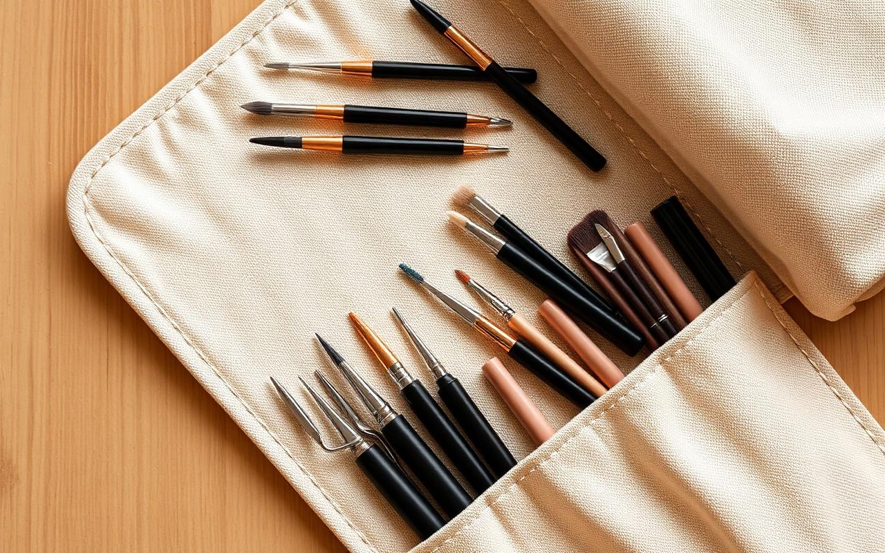 Professional makeup artist tweezer set in a roll-up linen case