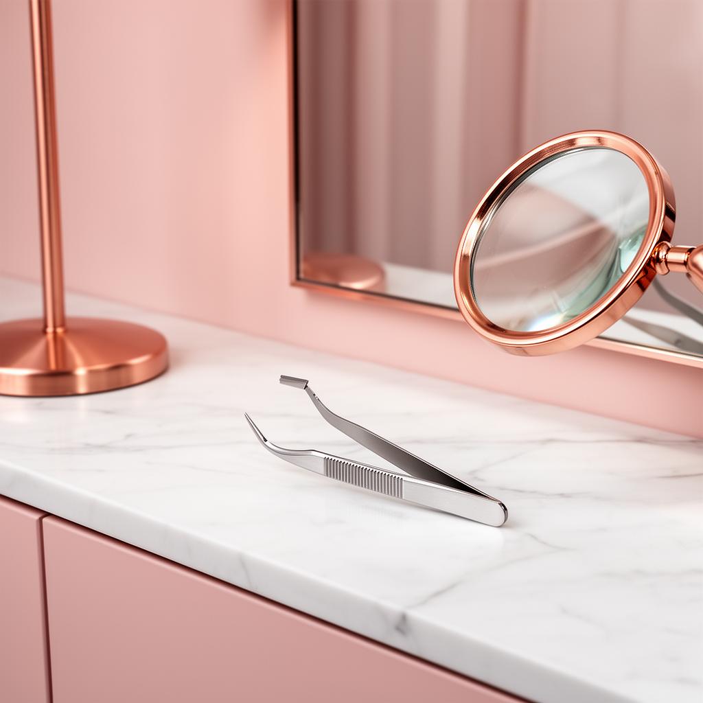 Matte black precision tweezer on a neutral grooming surface
