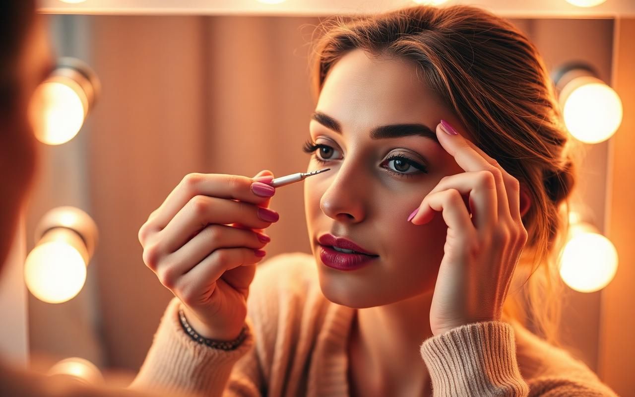 Woman shaping her eyebrows with a precision tweezer in front of a vanity mirror