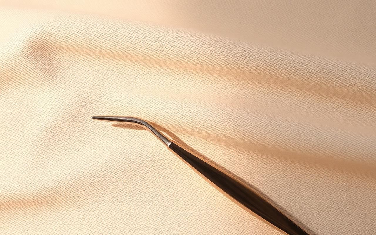 Slant and point precision tweezers side by side on a neutral cream fabric background