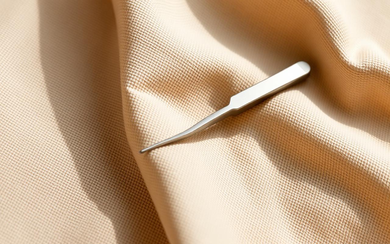 Brushed stainless steel slant eyebrow tweezer on warm linen fabric