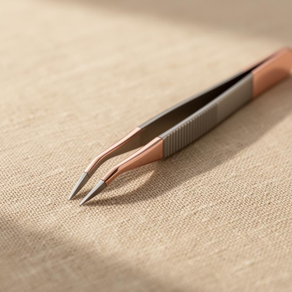 Macro close-up of surgical grade stainless steel tweezer tips on warm linen fabric