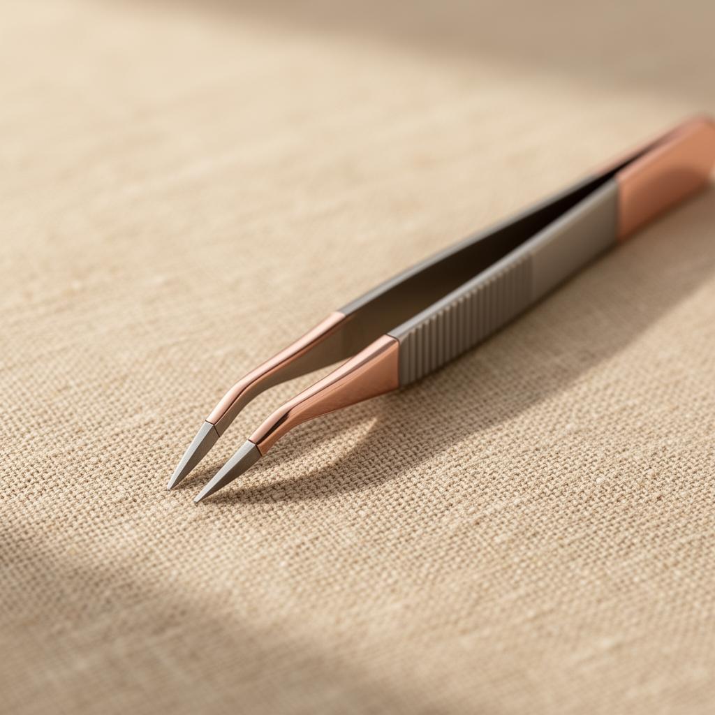 Stainless steel precision tweezer resting on a linen cloth
