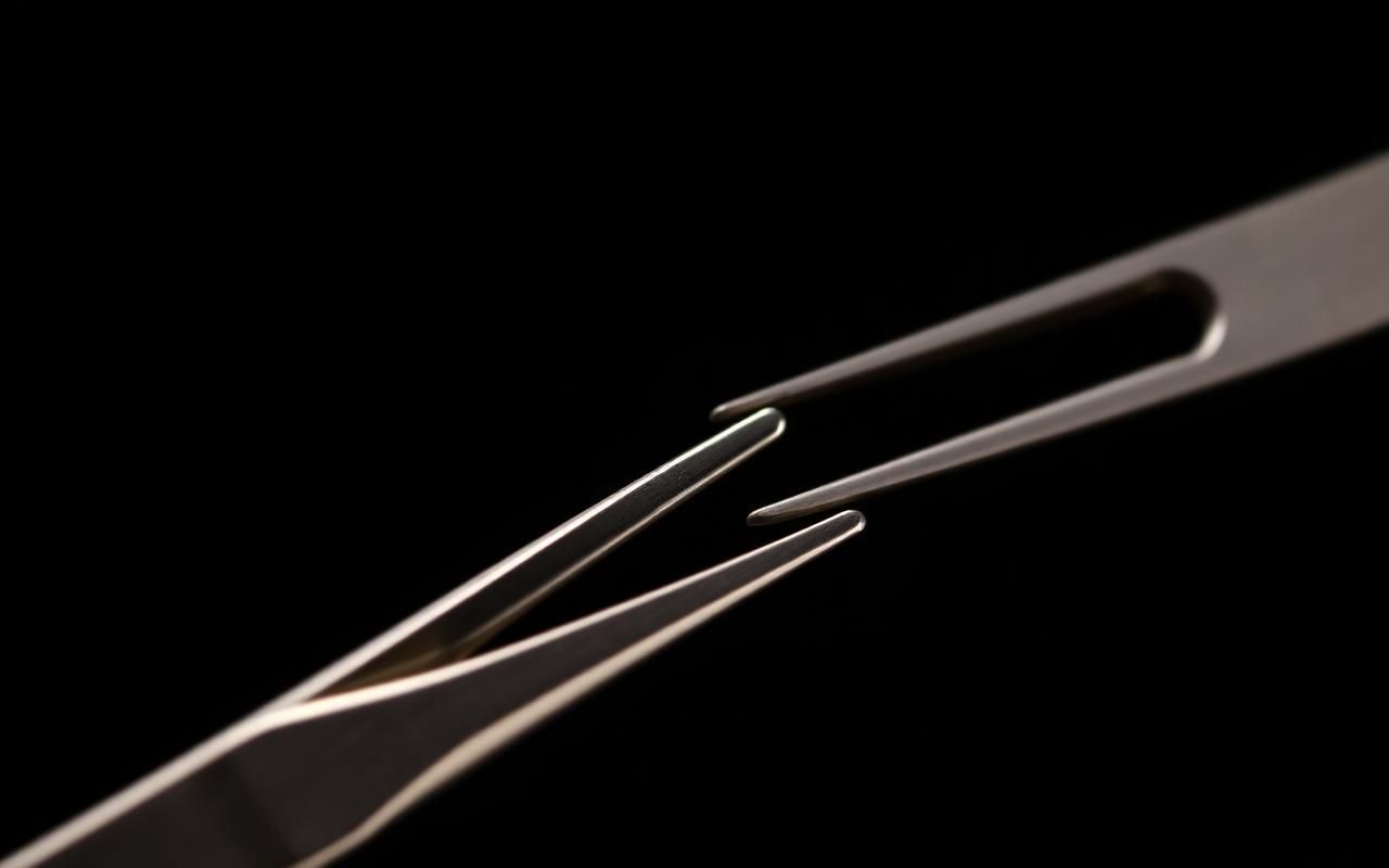 Macro close-up of polished surgical-grade stainless steel tweezer tips meeting flush on a dark background