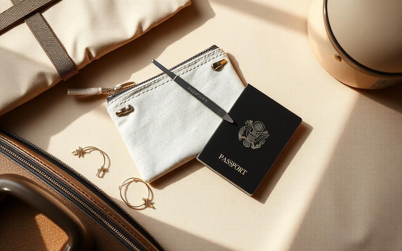 Linen travel pouch with a tweezer next to a passport on a warm beige surface
