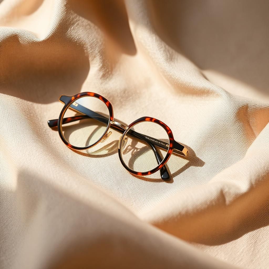 Tortoiseshell round glasses next to a stainless steel slant tweezer on warm linen