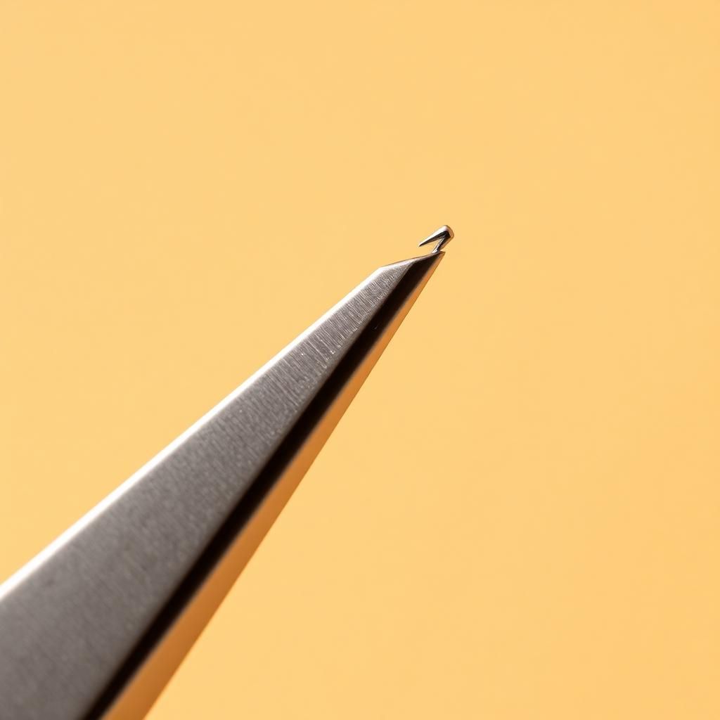 Macro close-up of stainless steel tweezer tips showing slight misalignment on a warm background