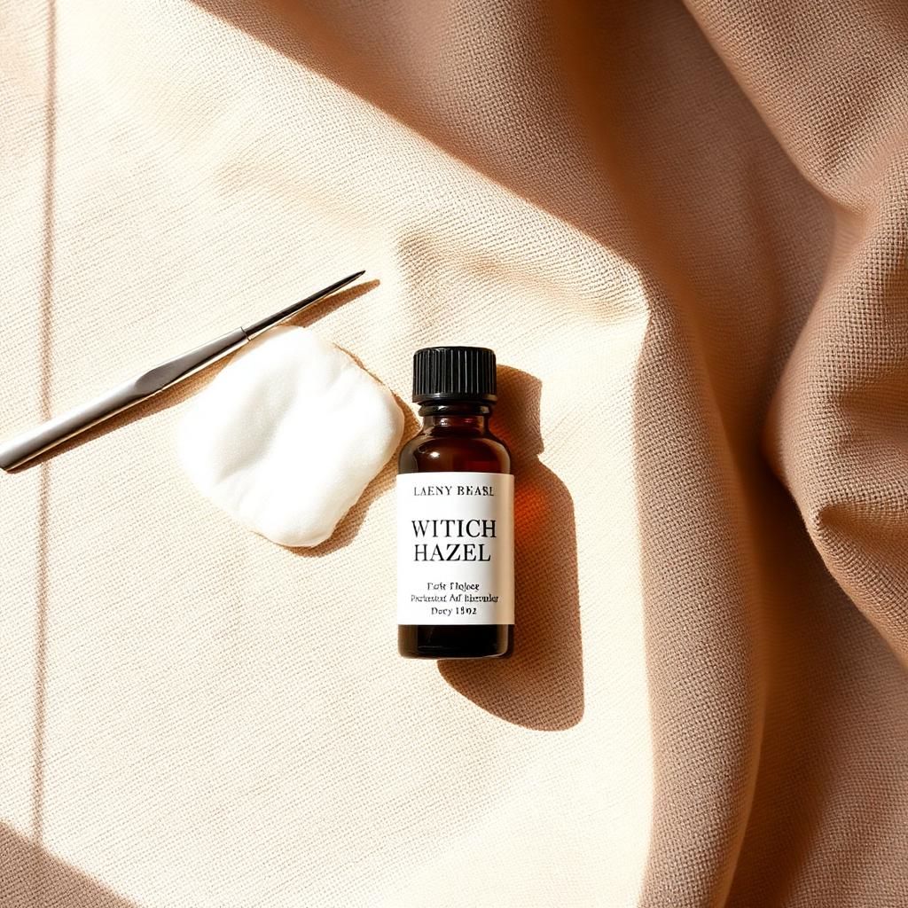 Precision tweezer, cotton pad and witch hazel bottle flatlay on warm linen — upper-lip tweezing prep