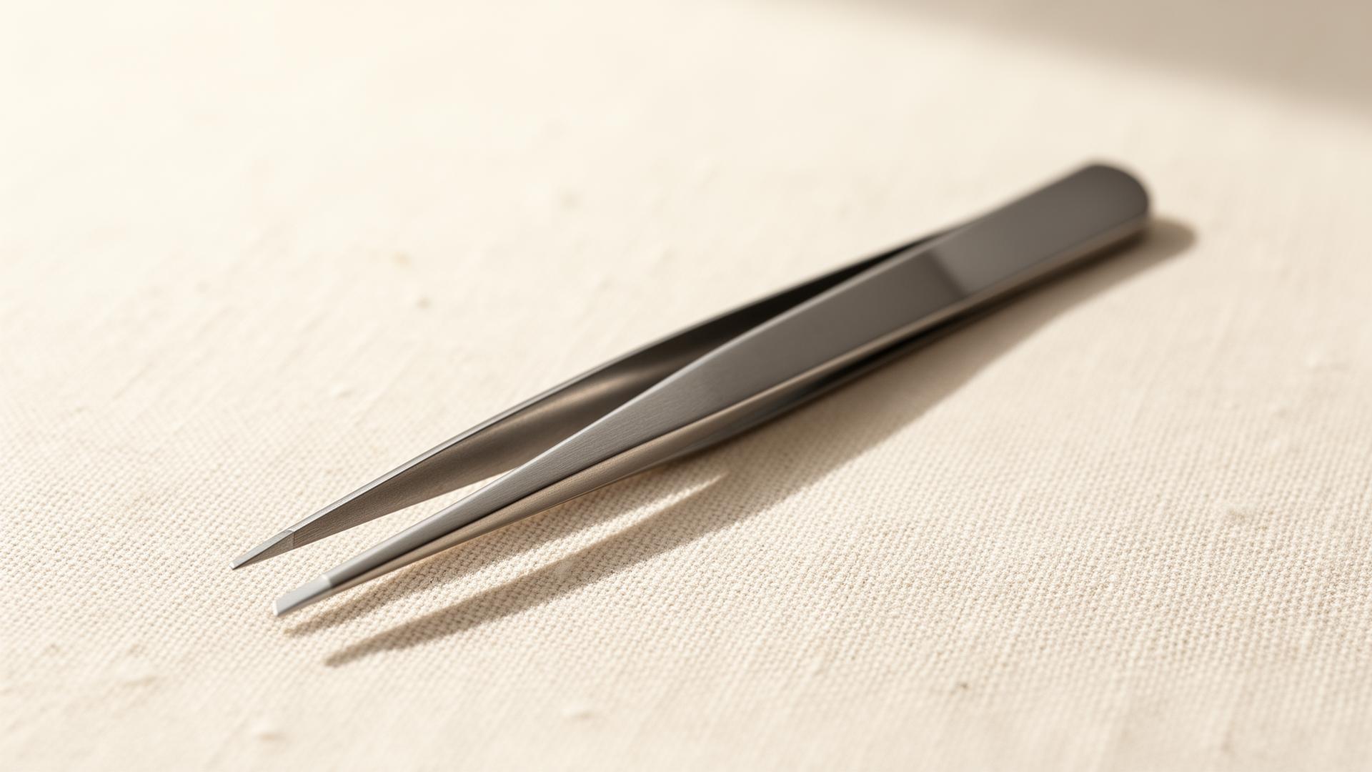 TweezerCo precision eyebrow tweezer in brushed stainless steel on warm linen