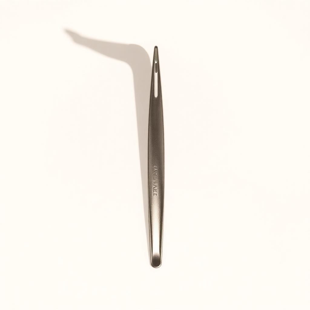 TweezerCo Classic Slant Tweezer in surgical-grade brushed stainless steel, photographed on warm linen